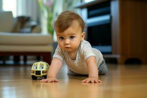 Baby Junge kriechen auf hölzern Boden. generieren ai foto