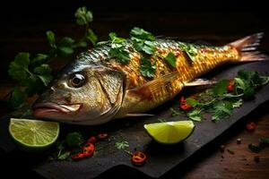 ganze Fisch mit ein gegrillt Haut arabisch Essen generativ ai foto