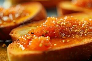 Papaya Toast, Makro Schuss von ein frisch Frühstück mit tropft Honig, ai generiert foto