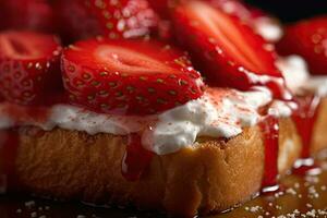 Erdbeere Toast, Makro Schuss von ein frisch Frühstück mit tropft Honig, ai generiert foto