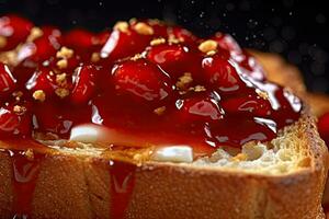Granatapfel Toast, Makro Schuss von ein frisch Frühstück mit tropft Honig, ai generiert foto