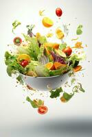 Salat fliegend Zutaten auf Weiß Hintergrund, ai generiert foto