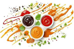Auswahl von Saucen mit anders Farben auf ein Weiss, generativ ai foto