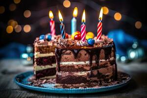 Schokolade tropft glücklich Geburtstag Kuchen, generativ ai foto