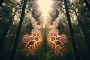 Wald Bäume im gestalten von Lunge Paar, Klima Veränderung Konzept Kunst, Generativ ai foto