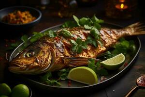 ganze Fisch mit ein gegrillt Haut arabisch Essen generativ ai foto