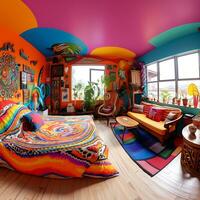 bunt 360 Grad Panorama Haus von Schlafzimmer Innere generiert durch ai foto