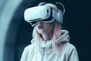 vr Brille Technologie Konzept mit tragbar Brille Gerät. virtuell Wirklichkeit futuristisch Immersiv Erfahrung. generiert ai. foto