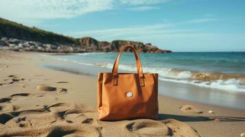 ein einfach umweltfreundlich Stoff Tasche auf das Hintergrund von das Strand auf das Meer foto