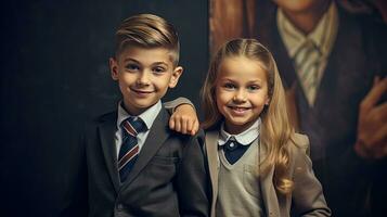 Schule Schüler, Junge und Mädchen Stehen im Vorderseite von schwarz Tafel. Schule Kinder Paar. generiert ai. foto