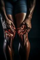 männlich Athlet mit nah Aussicht von Knie Schmerzen häufig auftreten während sportlich trainieren und ähnlich Arthritis foto