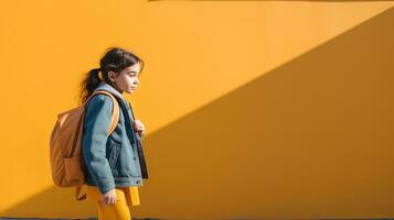 Schülerin Stehen durch das Mauer. bunt Szene mit Mädchen mit Schule Rucksack. generiert ai. foto