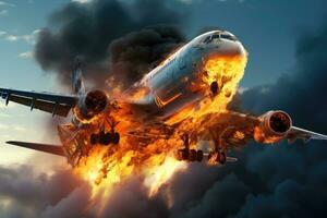 Flugzeug im das Himmel mit Rauch und Feuer. 3d Illustration, Flugzeug mit Motor auf Feuer, Konzept von Antenne Katastrophe, ai generiert foto