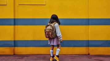 Schülerin Stehen durch das Mauer. bunt Szene mit Mädchen mit Schule Rucksack. generiert ai. foto