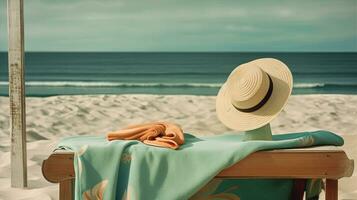 Hut und Handtuch auf das Sand von das Strand. Ferien Szene mit Stroh Hut auf das Ufer Linie. generativ ai. foto