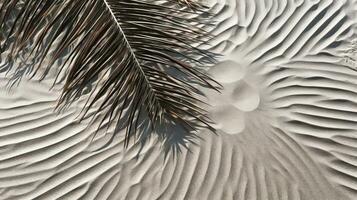 plam Blätter auf das tropisch Strand Sand Hintergrund. Ferien und Entspannung Konzept mit trocken Palme Blätter auf das heiß Sommer- Strand. generiert ai. foto