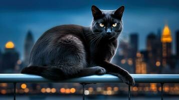 schwarz Katze Sitzung auf ein Geländer beim Nacht, im das Stil von Leben im Neu York Stadt. generiert ai. foto