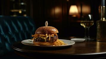 saftig lecker Hamburger auf das Tisch. schnell Essen Bild von ein Burger mit gegrillt Fleisch. generiert ai. foto