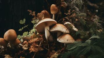 generativ ai, frisch anders Pilze, Herbst Ernte, ästhetisch stumm geschaltet neutral Farben foto