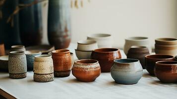 generativ ai, gefertigt Keramik, immer noch Leben von Hand gemacht Keramik und Keramik Schalen, Hobby und Freizeit Konzept foto