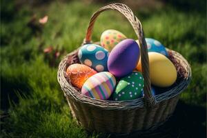 Gruß Karte zum Ostern Ferien mit bunt gemalt Ostern Eier im Korbweide Korb draussen auf Grün Gras Hintergrund. ai generiert. foto