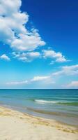 heiter Küsten Szene mit Blau Himmel und flauschige Weiß Wolken, Blau Grün Meer. Vertikale Bild, ai generiert foto