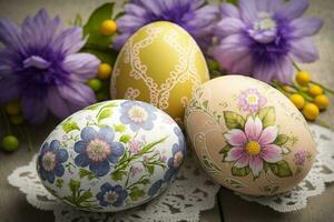 bunt Ostern Eier mit Blumen Dekor Lüge auf Spitze Stoff. violett Blumen um auf grau Hintergrund. Gruß Karte zum Ostern Feiertage. ai generiert foto