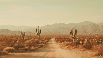generativ ai, einsam Straße im das Wüste, ästhetisch, stumm geschaltet neutral Farben, Kakteen Pflanzen foto