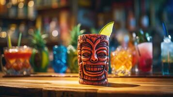 Sommer- erfrischend Tiki Cocktail auf das Hintergrund von ein Bar Zähler foto