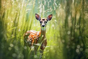 ein Hirsch ist Stehen im das hoch Gras das Sonne leuchtete auf Urwald ai generiert Bild foto