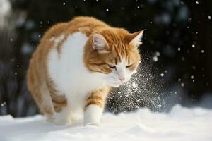 Katze schmatzte durch Schneeball. süß Kätzchen mit überrascht und wütend Gesicht, schlagen durch Schnee während Schnee Streit. generiert ai. foto