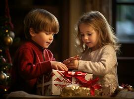 Kinder Auspacken Weihnachten Geschenk. Kinder Öffnung die Geschenke während Winter Feiertage. generiert ai. foto