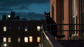 schwarz Katze Sitzung auf ein Geländer beim Nacht, im das Stil von Leben im Neu York Stadt. generiert ai. foto