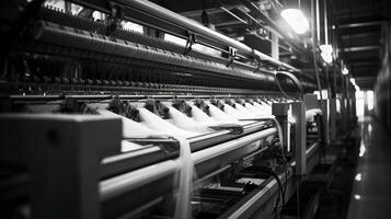 modern Textil- Fabrik mit automatisiert Webstühle Weberei Muster ai generativ foto