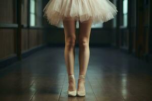 Beine von Ballerina im tanzen Halle. generieren ai foto