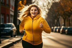 Übergewicht Mädchen Joggen im das Straße. generieren ai foto