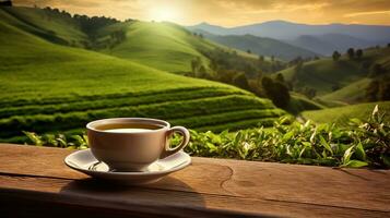 warm Tasse von Tee und organisch Grün Tee eaf auf hölzern Tabelle foto