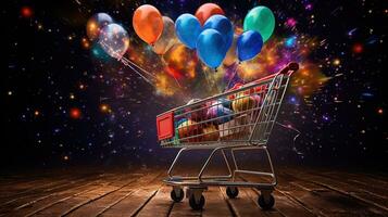 Supermarkt Wagen mit voll von bunt Luftballons foto