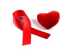 Aids-Band und Herz auf weißem Hintergrund.