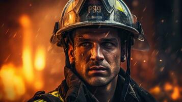 ein mutig Feuerwehrmann gegen das Hintergrund von ein Verbrennung Gebäude. foto