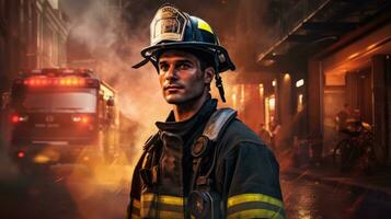 ein mutig Feuerwehrmann gegen das Hintergrund von ein Verbrennung Gebäude. foto