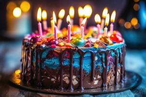 Schokolade tropft glücklich Geburtstag Kuchen, generativ ai foto