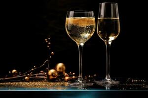 Gold Champagner Glas auf schwarz Hintergrund foto