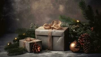 das Geist von Weihnachten durch Tanne Geäst und Geschenke, ai generiert foto