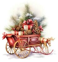 Weihnachten Schlitten mit die Geschenke, Kranz und Baum foto
