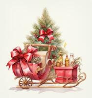 Weihnachten Schlitten mit die Geschenke, Kranz und Baum foto