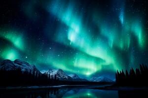 ein atemberaubend Nacht Himmel beleuchtet durch das blendend Farbtöne von das Aurora Borealis ein majestätisch Hintergrund mit leeren Raum zum Text foto