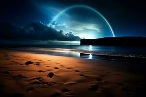 ein atemberaubend Mondbogen leuchten ein Küsten Landschaft mit ein leeren Strand Bereitstellung reichlich Hintergrund Raum zum Text foto