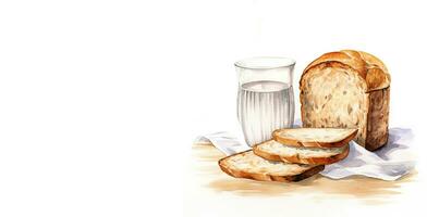 Aquarell Illustration von ein Glas von Milch und geschnitten Brot auf ein Weiß Hintergrund. foto