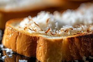 Kokosnuss Toast, Makro Schuss von ein frisch Frühstück mit tropft Honig, ai generiert foto